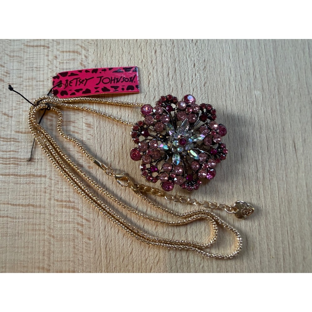 Betsey Johnson Flower Necklace Pink Gold Rhinestone Brooch Pendant Maximalist